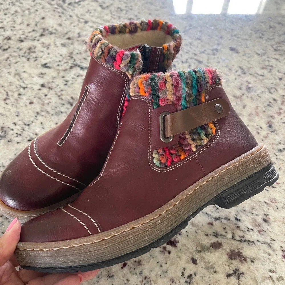 Rieker Ankle Boots Womens 37 Burgundy Boho Knit Collar Zip Z6784-35 Antistress